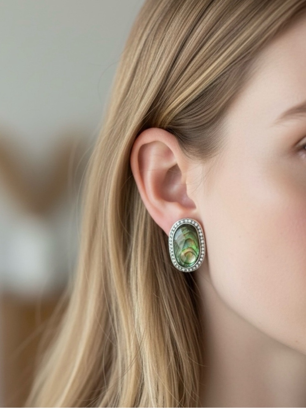 Dana Buchman Clip On Iridescent Green Abalone Earrings with Crystal Halo
